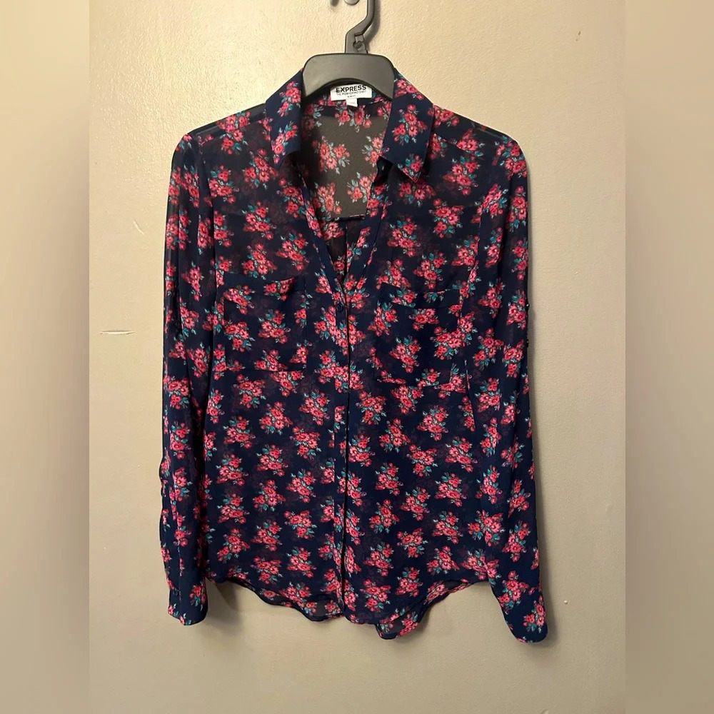 Express shirt - navy/pink sheer floral “Portofino” long sleeve button front